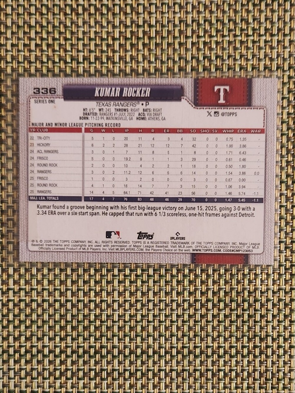 Kumar Rocker Topps Baseball Card - Picture 2 of 2
